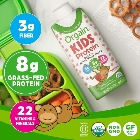 Sữa hữu cơ ORGAIN Kids Protein vị Dâu tây - thùng 12 hộp 244ml