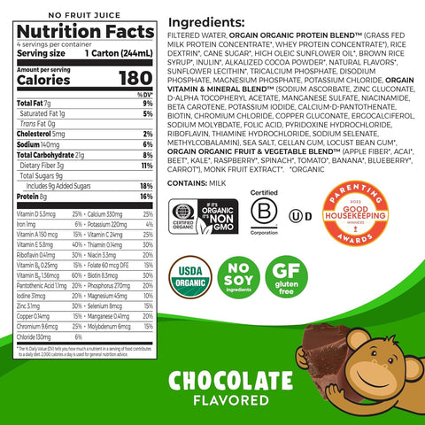 Sữa hữu cơ ORGAIN Kids Protein vị Chocolate - thùng 12 hộp 244ml